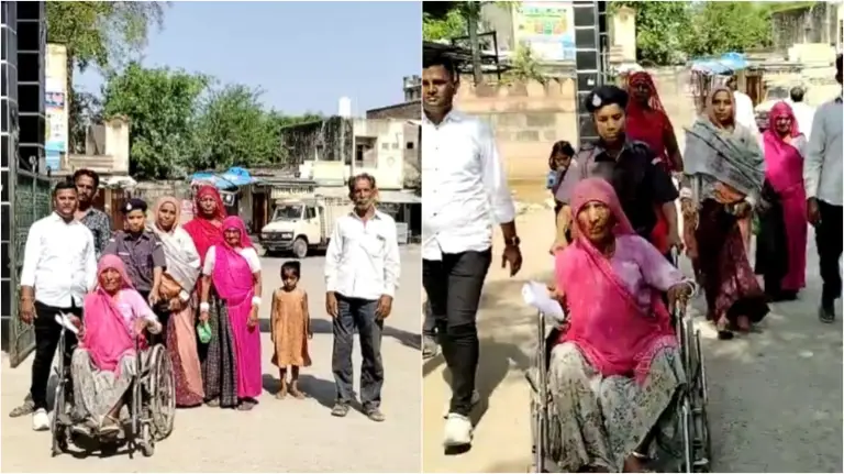 राजस्थान के सादड़ी में व्हील चेयर पर वोट डालने पहुंची बुजुर्ग महिला